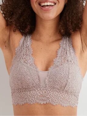 Aerie Eyelash Lace Plunge Bralette in nude beige sz XXL